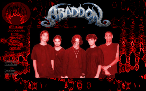 Página da banda Abaddon, com estilo metaleiro em cores de preto e vermelho e uma foto dos cinco integrantes