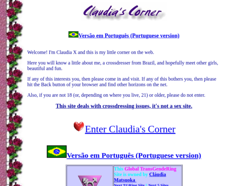 Claudia's Corner. Link para versão em português. Site de Cláudia Matsuoka sobre crossdessing